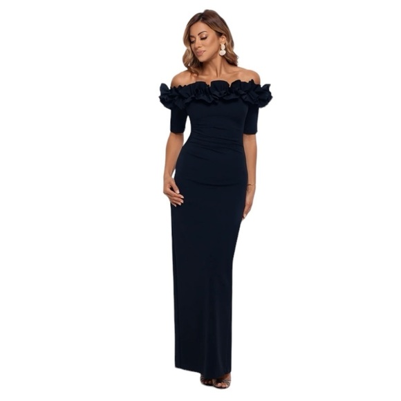 Xscape Isla Long Scuba Crepe Off The Shoulder Ruffle Top Dress. Black 10P #1276 - Picture 1 of 12